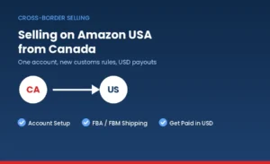Cross-border guide: selling on Amazon USA from Canada, covering account setup, FBA/FBM shipping, and USD payouts.