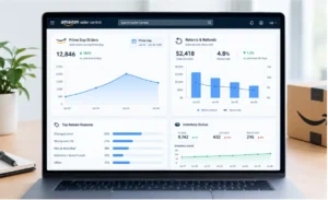 Seller dashboard showing Prime Day order volume next to a breakdown of return reasons, refund value and remaining inventory.