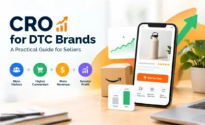 CRO for DTC brands with a mobile product page, conversion analytics, shopping cart, revenue growth, and profit icons.