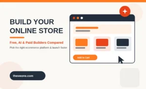 Flat illustration of an online store builder screen with product grid and AI sparkle badge icon