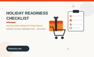 Flat illustration of a shopping cart, gift box, and checklist for ecommerce holiday season prep