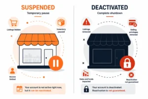 Comparison of suspended and deactivated Amazon seller accounts showing temporary restrictions versus complete shutdown.