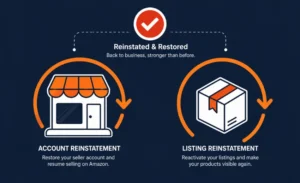Amazon account and product listing reinstatement illustrated with restore arrows, checkmark, storefront, and product box.