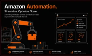 Amazon automation illustration showing a robotic arm, warehouse packages, sales growth dashboard, and automated workflows.