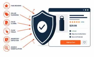 Shield protecting an ecommerce product listing from fake reviews, hijacking, false claims, and fraud.