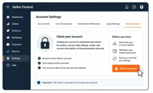 Seller dashboard illustration showing the Close Account button with a lock icon to signal permanence.