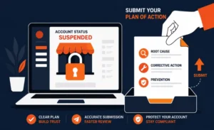 Amazon seller suspension appeal showing a locked account and plan of action with root cause, corrective action, and prevention.