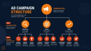 Ad campaign structure infographic showing research, targeting, growth, keywords, placements, and performance results.