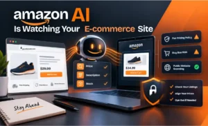 Graphic showing Amazon AI tracking price and stock on an e-commerce site