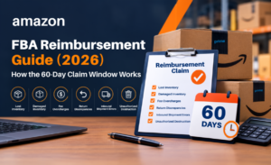 Amazon FBA reimbursement guide showing a 60-day claim window, reimbursement checklist, inventory issues, and Amazon boxes.