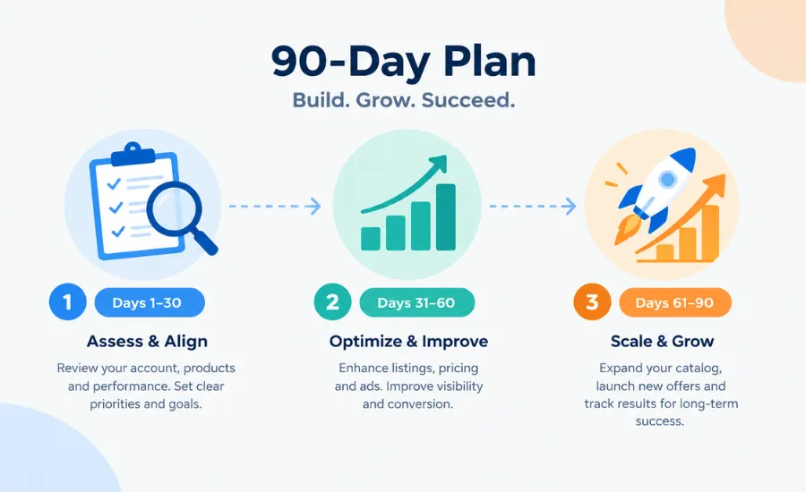 Three-stage 90-day plan for managing a Walmart marketplace account.