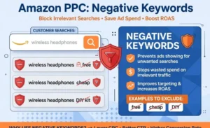 Infographic showing how Amazon PPC negative keywords block unwanted searches like free, cheap, and DIY to save ad spend.