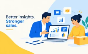 Consultant and seller reviewing a Walmart marketplace sales dashboard.