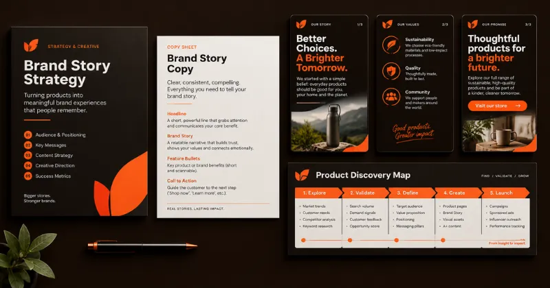 Brand story strategy kit with copy sheet guidelines, mobile brand cards, and a product discovery roadmap.