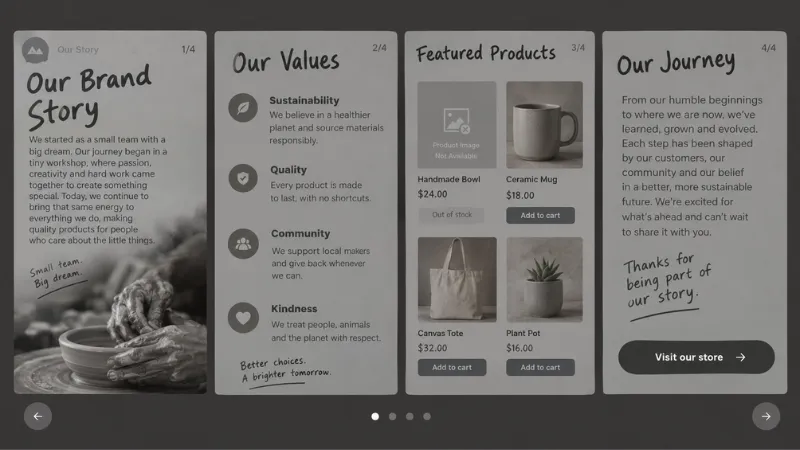 Brand story carousel showcasing craft artisan hands, core values, featured products, and store link. 