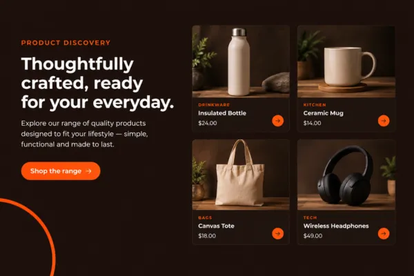 Product discovery layout featuring insulated bottle, ceramic mug, canvas tote, and wireless headphones.