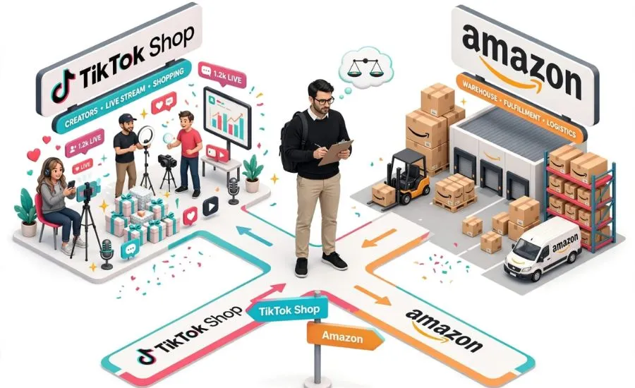 comparing key features, ideal audiences, and brand strategies for TikTok Shop versus Amazon.