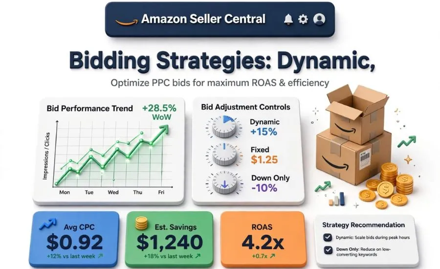 Amazon Seller Central dashboard graphic illustrating dynamic and fixed bidding strategies, ROAS, and CPC metrics.
